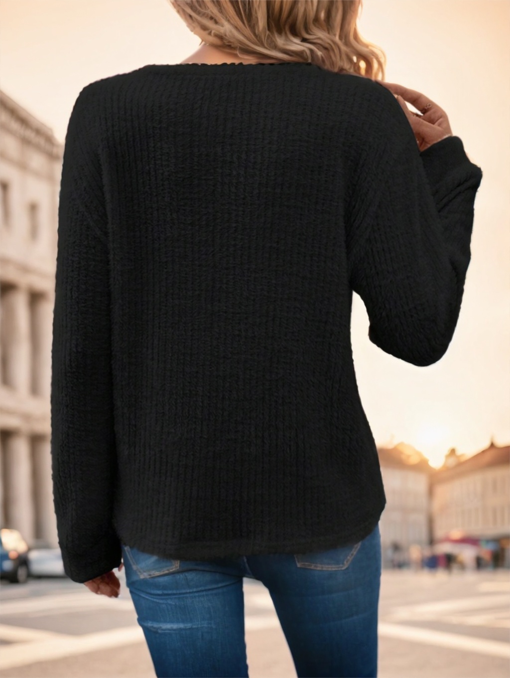 Women Plain Collar Rib Knit Casual Basic T-Shirt Blouse