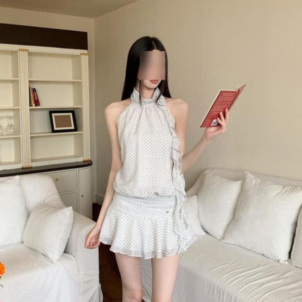 Japanese Sweet And Spicy White Polka Dot Sleeveless Halter Dress