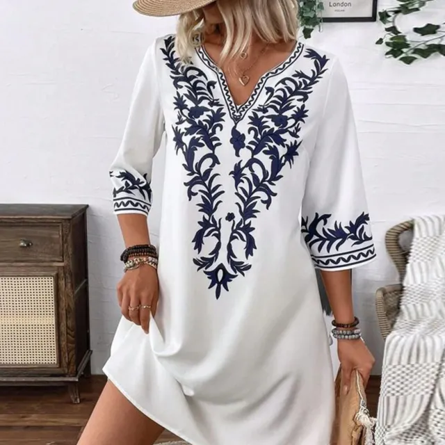 V neck Bohemian Pastoral Style Half Sleeve Commuter Dress White - Shop at LoveMi
