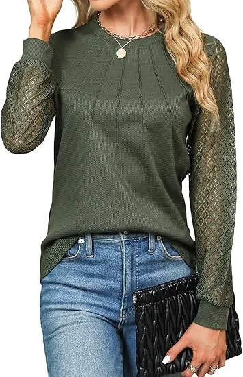 Casual Autumn Knitted Shirt Women's Lace Army Green - Shop at LoveMi