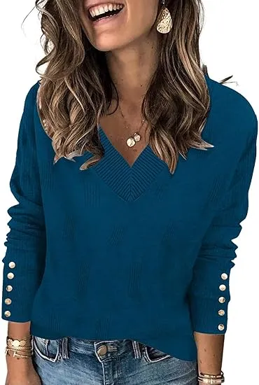 Solid Color Versatile Knitted V neck Loose Fit 4Color L - Shop at LoveMi