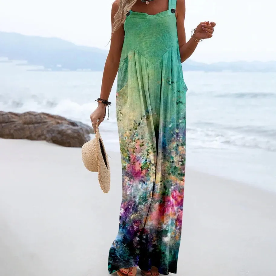 Summer Women's Vintage Print Jumpsuit European And American Loose Sleeveless - Black Line D586