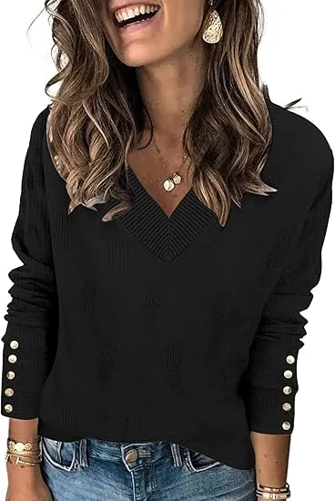 Solid Color Versatile Knitted V-neck Loose Fit - 3 Color-M