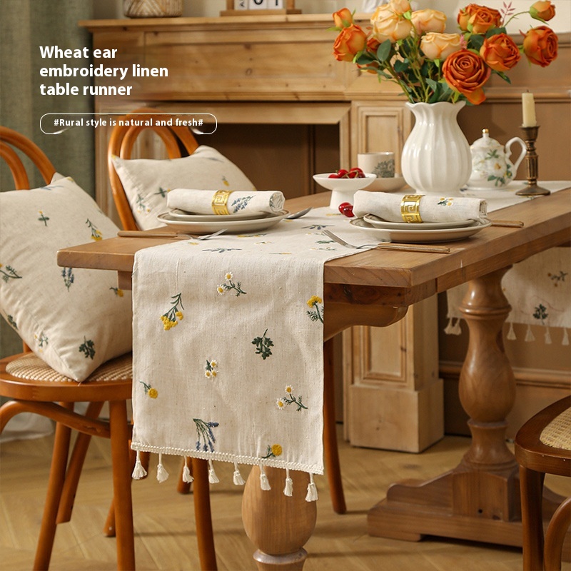 Table Runner Pastoral Style Linen Wheat Embroidery — image 1