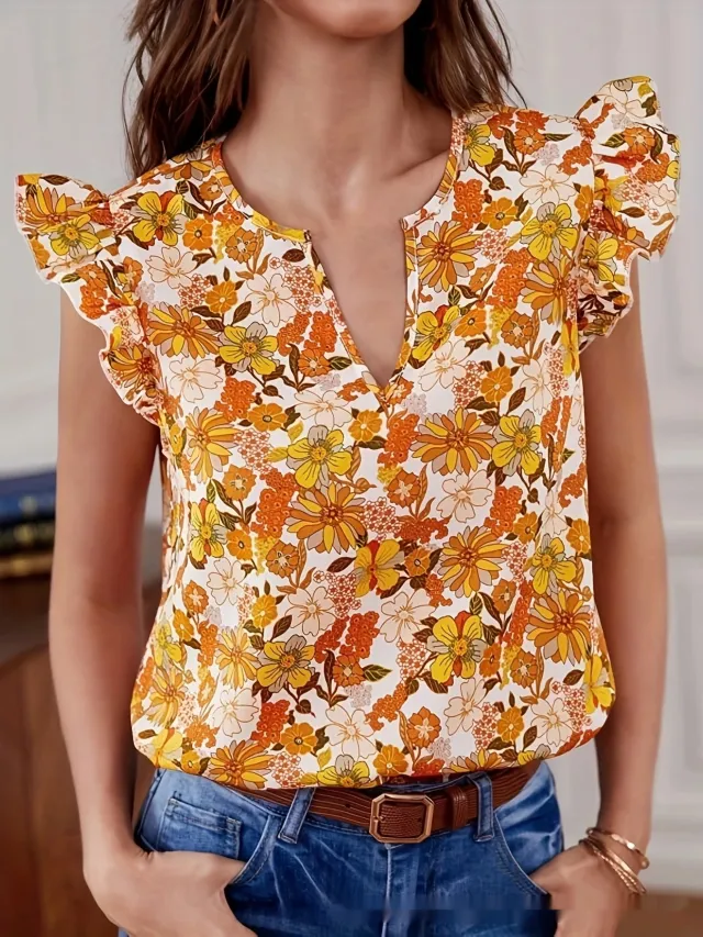 Temperament Commute Loose Casual Ruffle Sleeve Floral Blouse Orange - Shop at LoveMi