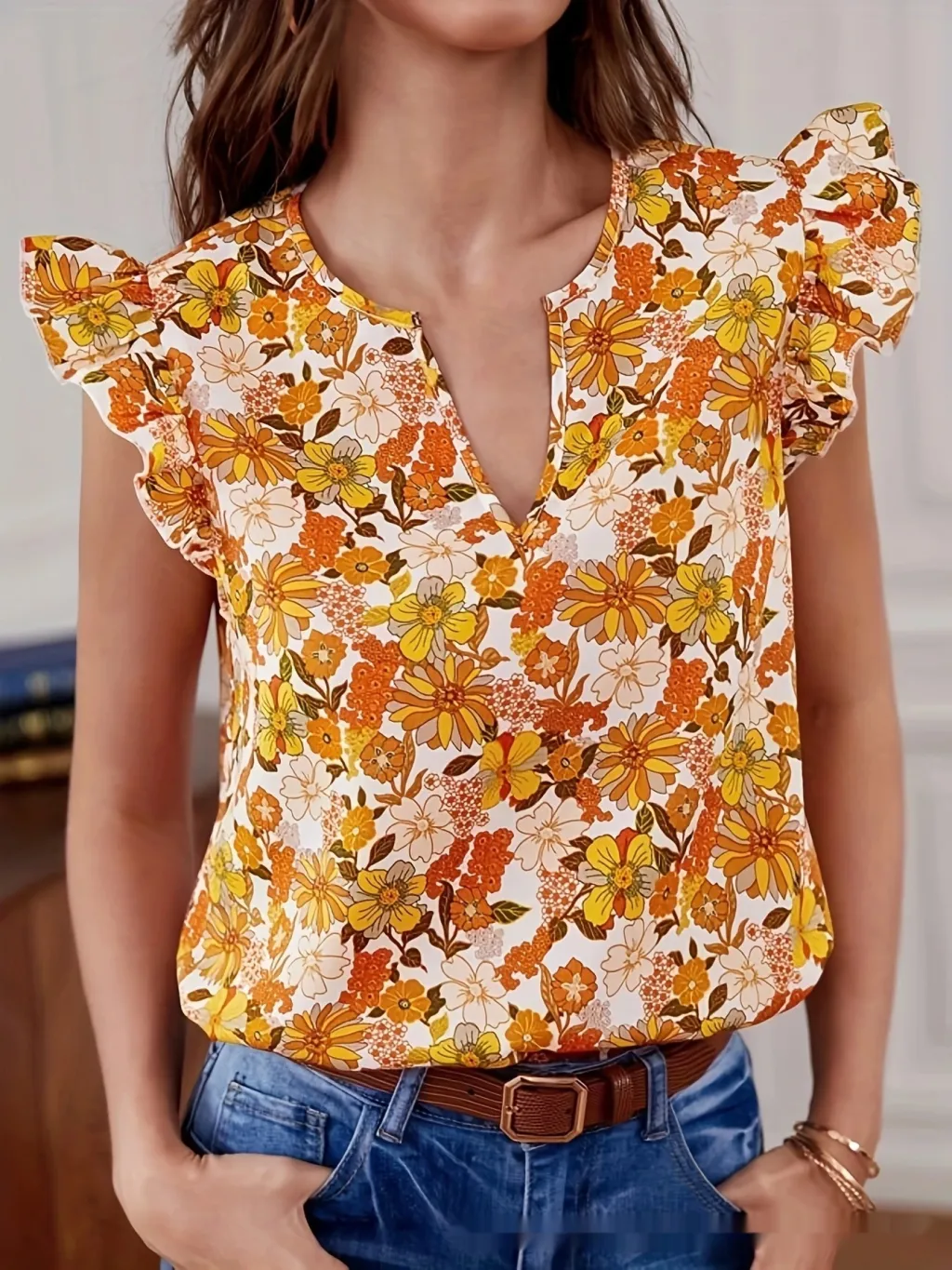 Temperament Commute Loose Casual Ruffle Sleeve Floral Blouse - Orange