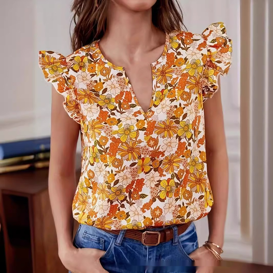 Temperament Commute Loose Casual Ruffle Sleeve Floral Blouse