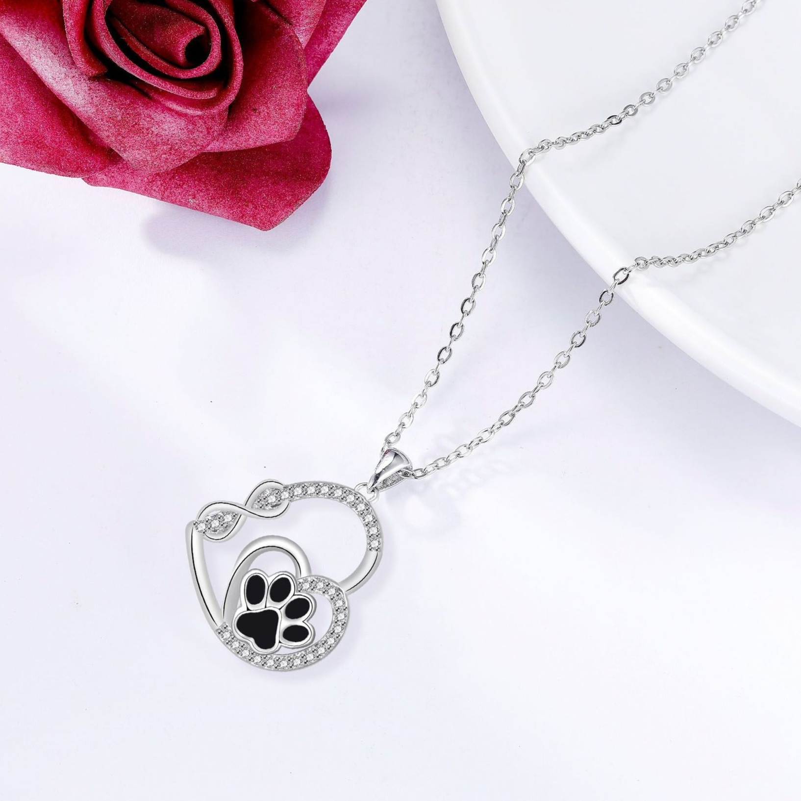 Infinite Double Love Pet Foot Print Pendant Necklace Clavicle Chain