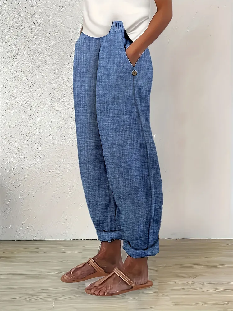 Women's Temperament Commuter Cotton Linen Straight Pocket Casual Pants - Navy