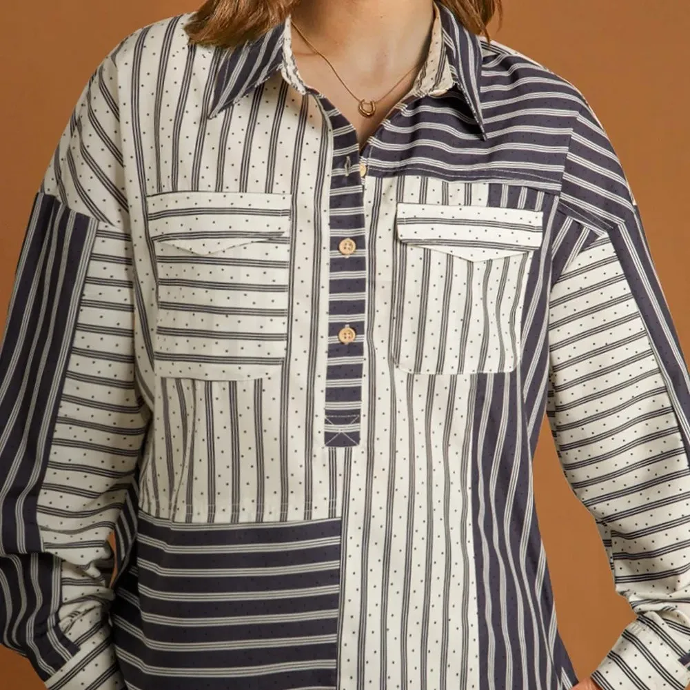 Black Stripe 2-tone Patchwork Half Buttons Chest Pockets Casual Blouse - Black Stripe