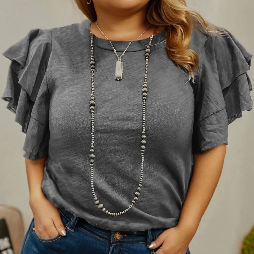Dark Grey Double Ruffled Short Sleeve Plus Size Top