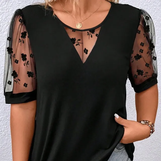 Black Floral Mesh Patchwork Loose V Neck Plus Size T Shirt Floral - Shop at LoveMi
