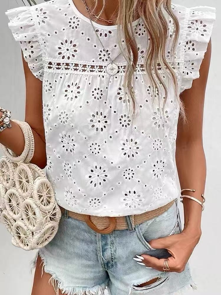 Boho Hollowed Out Blouse with Short Sleeves