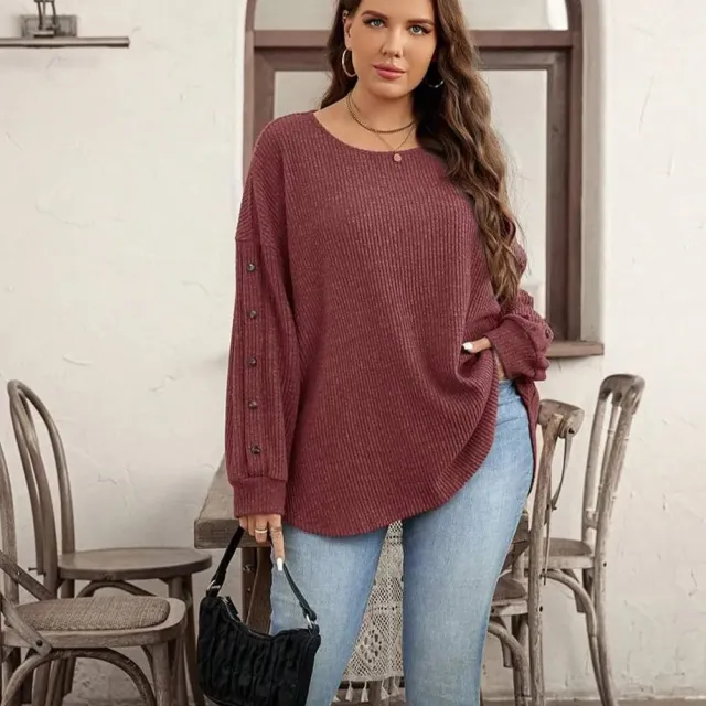 Wild Ginger Plus Size Ribbed Button Decor Long Sleeve Loose Top Wild Ginger 4Xl - Shop at LoveMi