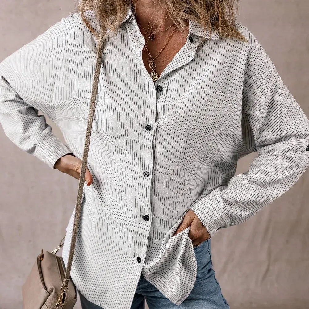Stripe Roll-tab Sleeve Pocketed Long Shirt - Black Stripe