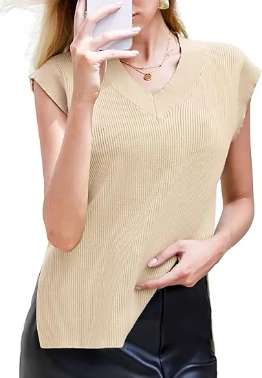 Solid V neck Vest Sweater Khaki - Shop at LoveMi