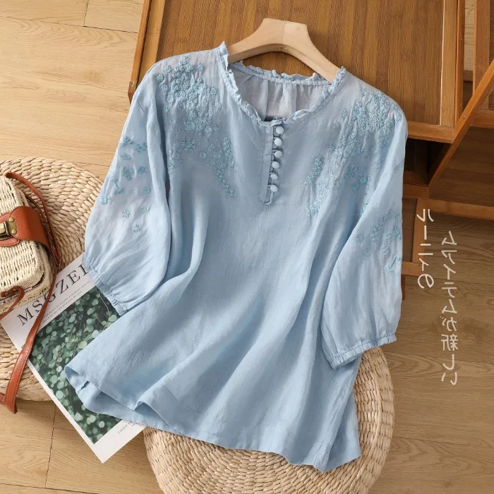Ramie Women's Embroidered Lace Thin Cotton Linen Shirt - Blue