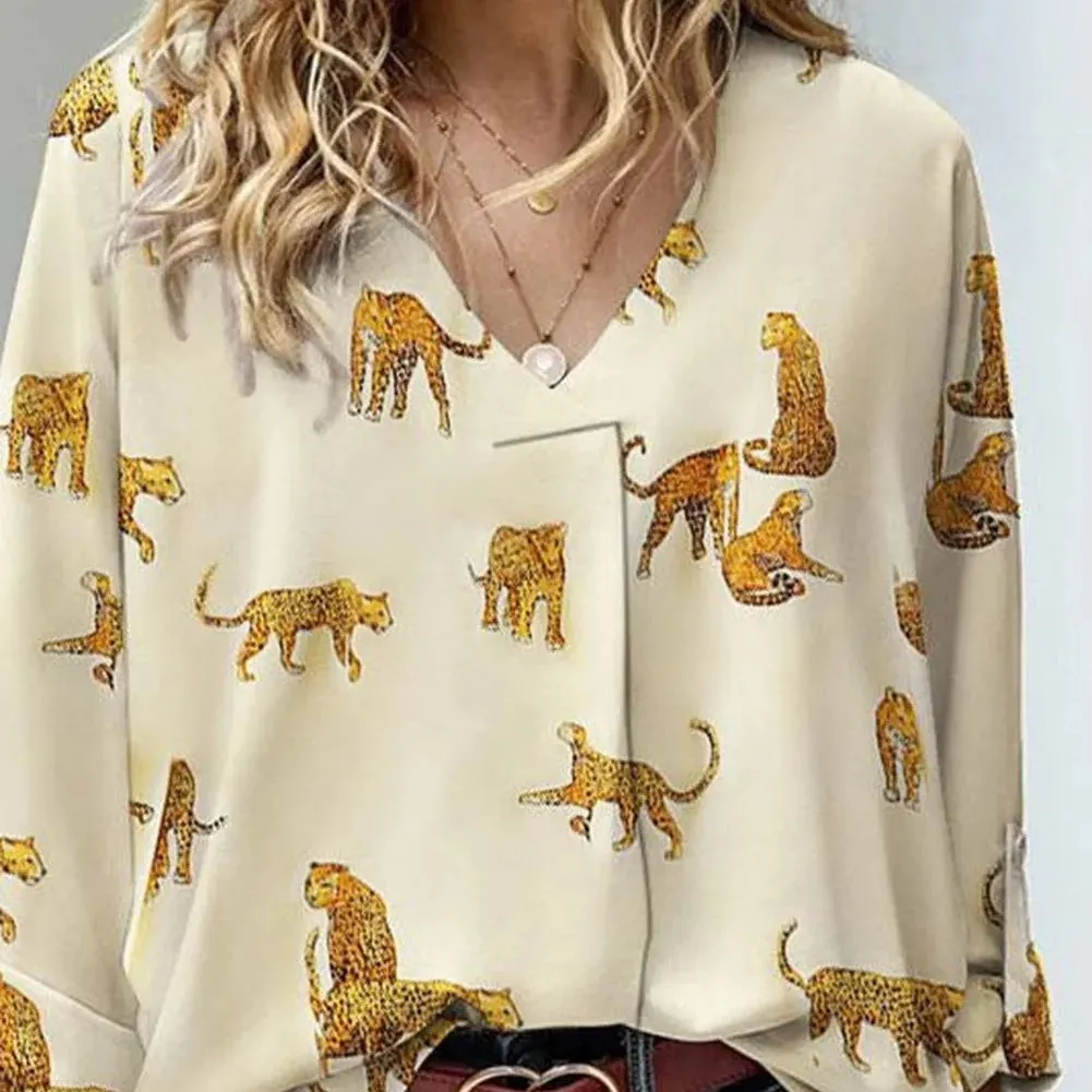Apricot Printed Leopard Print Tab Sleeve Loose Fit V Neck Blouse - Apricot Printed