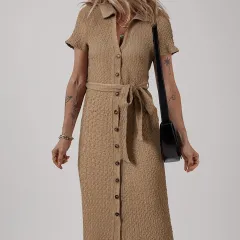 Buckskin Short Sleeve Textured Button Up Tie Waist Long Dress - Buckskin - View 1