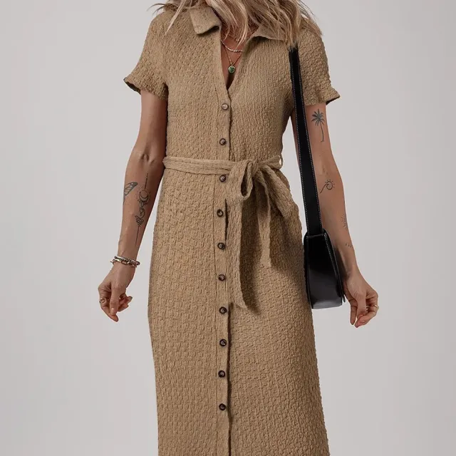 Buckskin Short Sleeve Textured Button Up Tie Waist Long Dress Buckskin - Shop at LoveMi