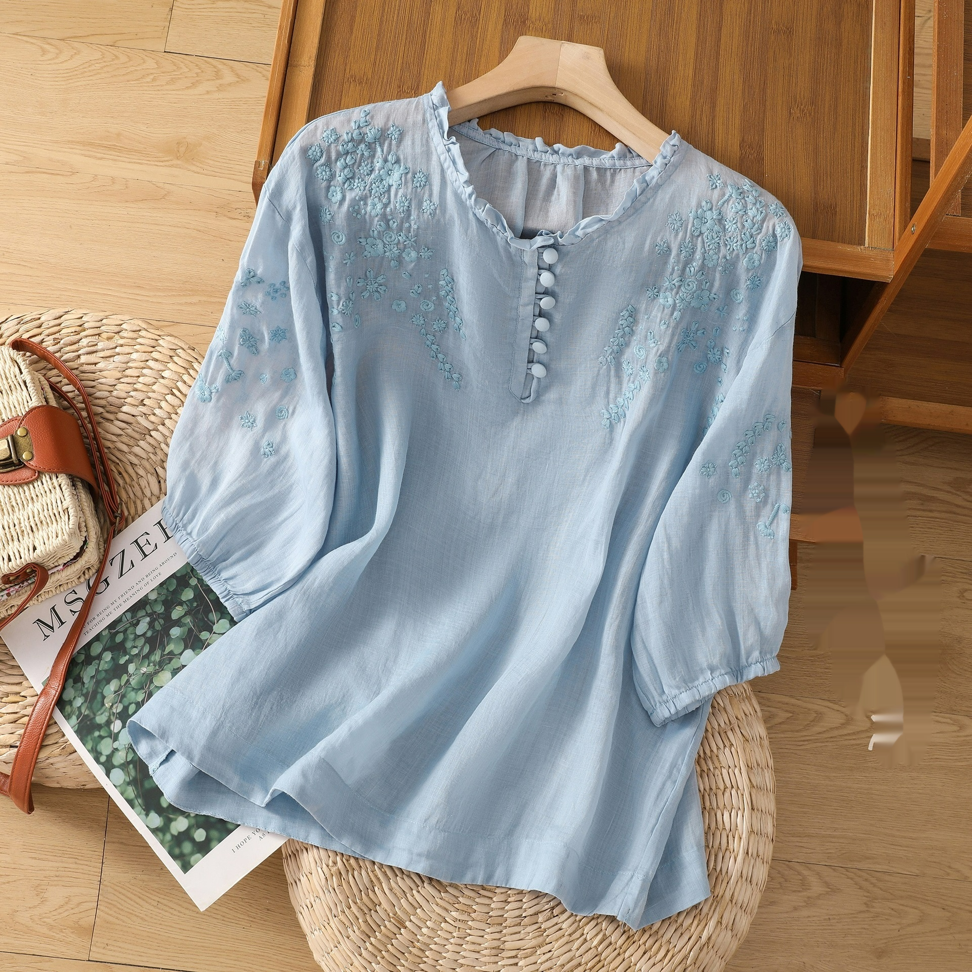 Ramie Women's Embroidered Lace Thin Cotton Linen Shirt