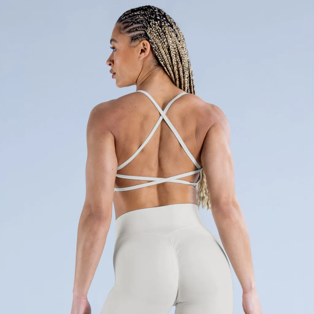 High Elastic Shockproof Cross Back Full Extinction Jinammonia Bare Back Seamless Sports Bra - L-Feather Rice
