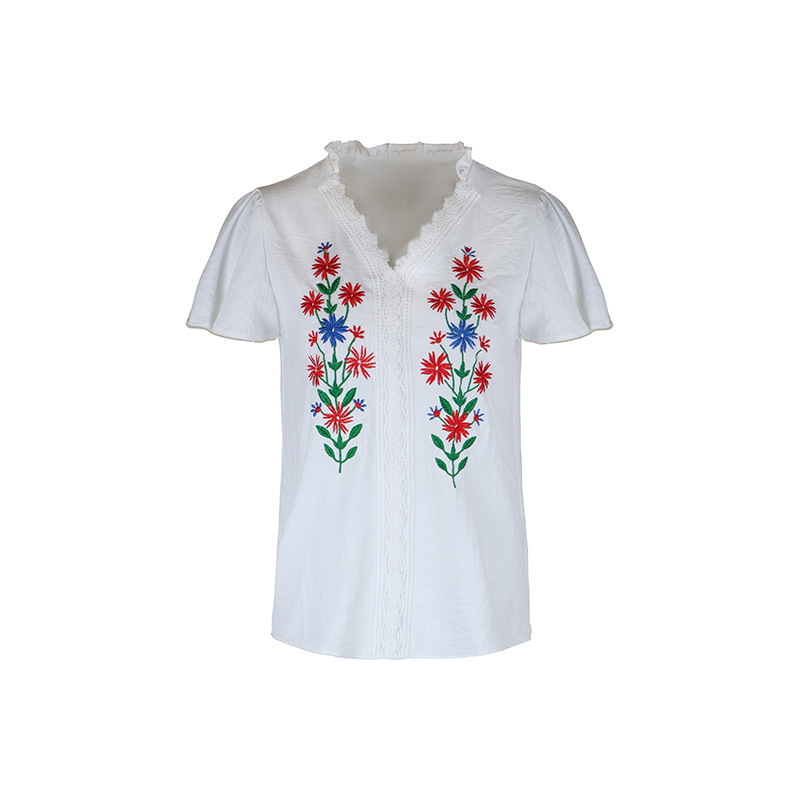 White Short Sleeved Embroidered Bohemian Shirt for Women