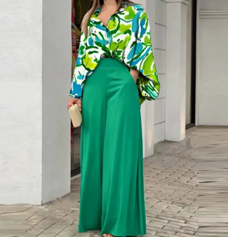 Loose And Elegant Casual Printed Shirt Top Wide Leg Pants Fashion Suit - Cyan