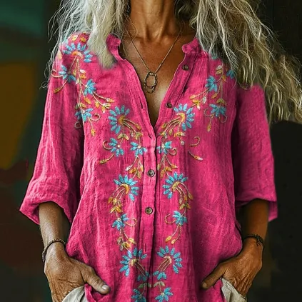 Women's Retro Ethnic Printed Casual Cotton And Linen Shirt Pink - Shop at LoveMi
