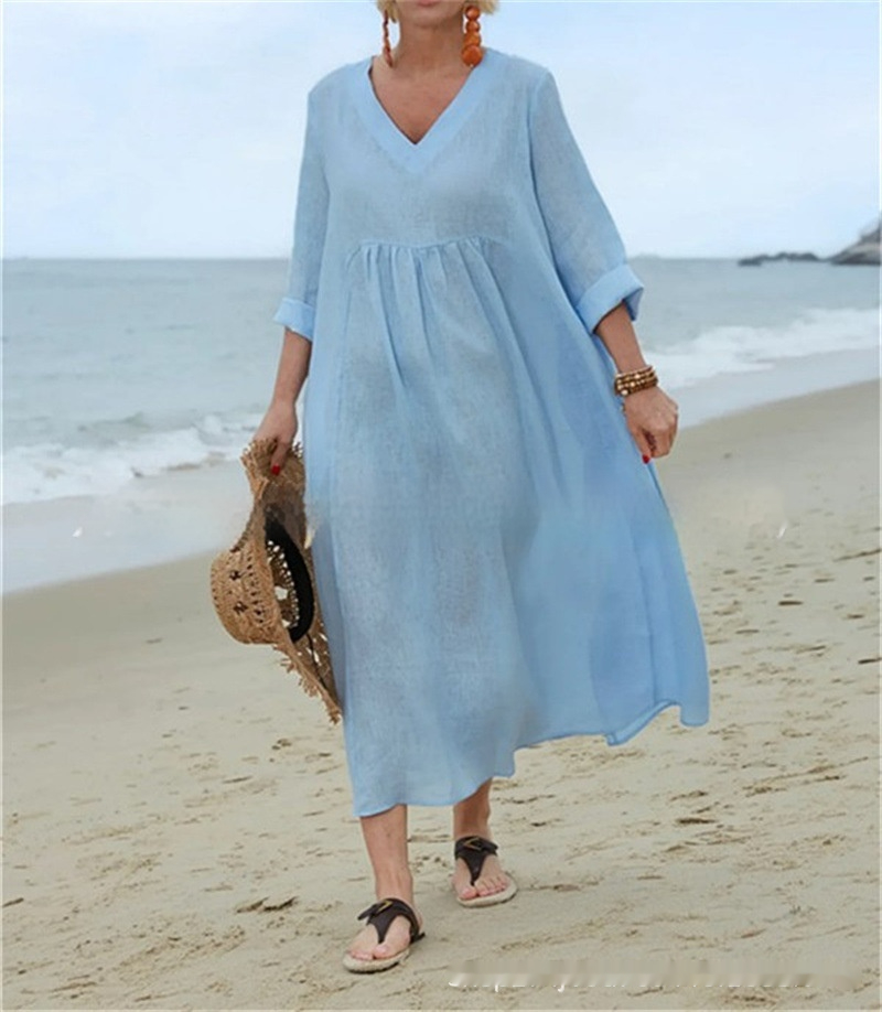 Cotton And Linen V-neck Loose Fashion Solid Color Long Sleeve Dress