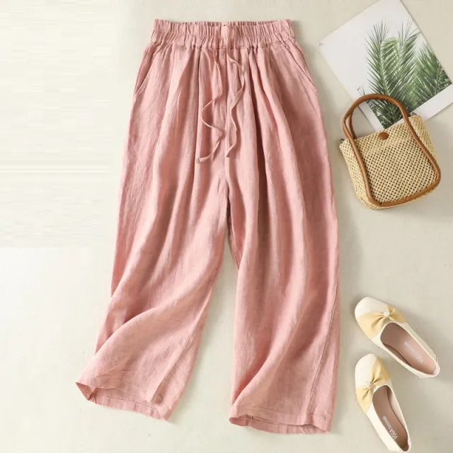 All matching Loose Casual New Retro Literary Wide Leg Cotton Linen Pants Pink - Shop at LoveMi