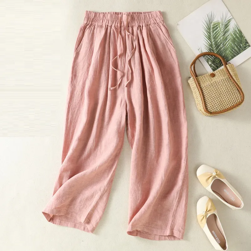 All-matching Loose Casual New Retro Literary Wide Leg Cotton Linen Pants - Pink