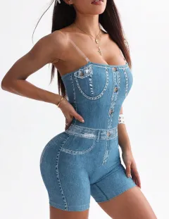 3D Denim Camisole Vest Shorts Jumpsuit - Blue - View 1
