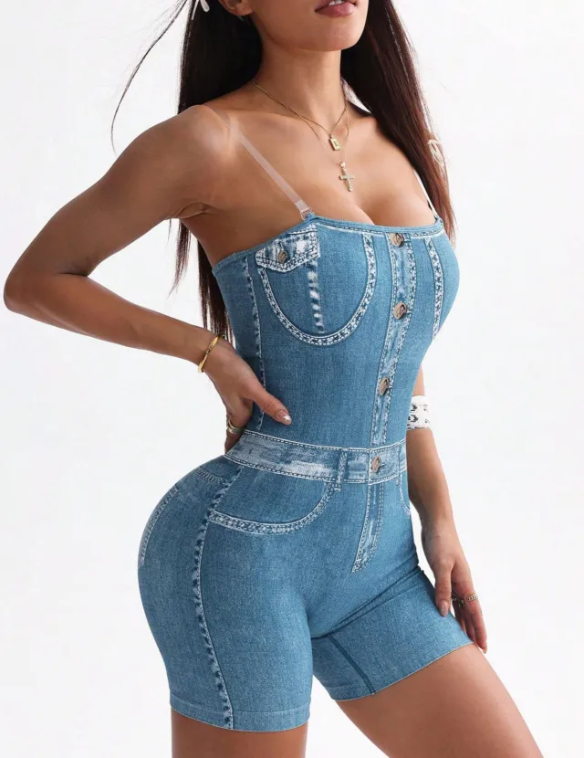 3D Denim Camisole Vest Shorts Jumpsuit Blue - Shop at LoveMi
