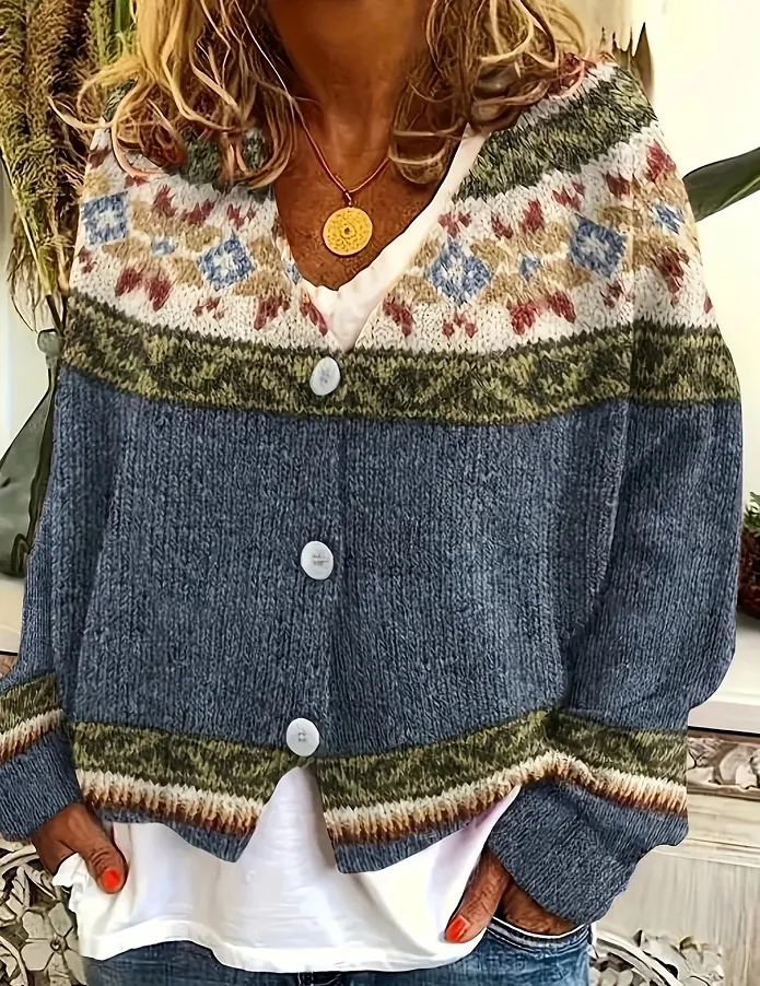 Digital Printing Thick Needle Women's Large V-neck Cardigan Short Long-sleeved Sweater - Color 1-Xxs