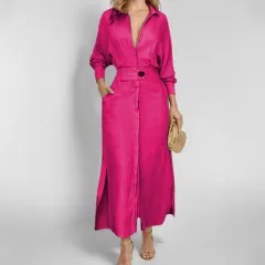 Women's Elegant Tied Solid Colour Waisted Long-sleeved Shirt Dress - Rose Red - View 1