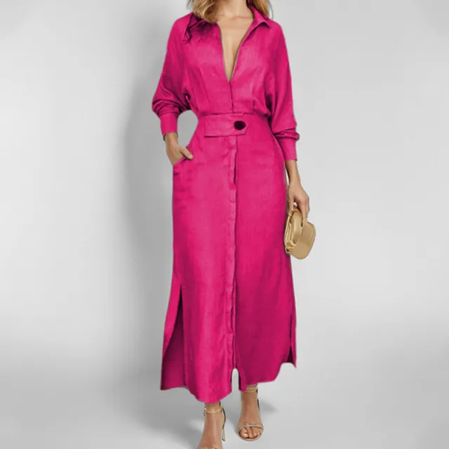 Women's Elegant Tied Solid Color Waisted Long sleeved Shirt Dress Rose - Shop at LoveMi