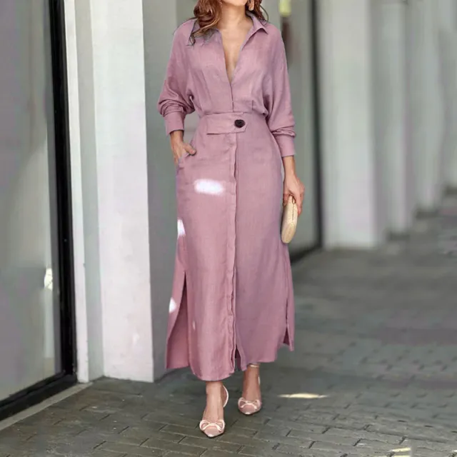 Women's Elegant Tied Solid Color Waisted Long sleeved Shirt Dress Pink - Shop at LoveMi