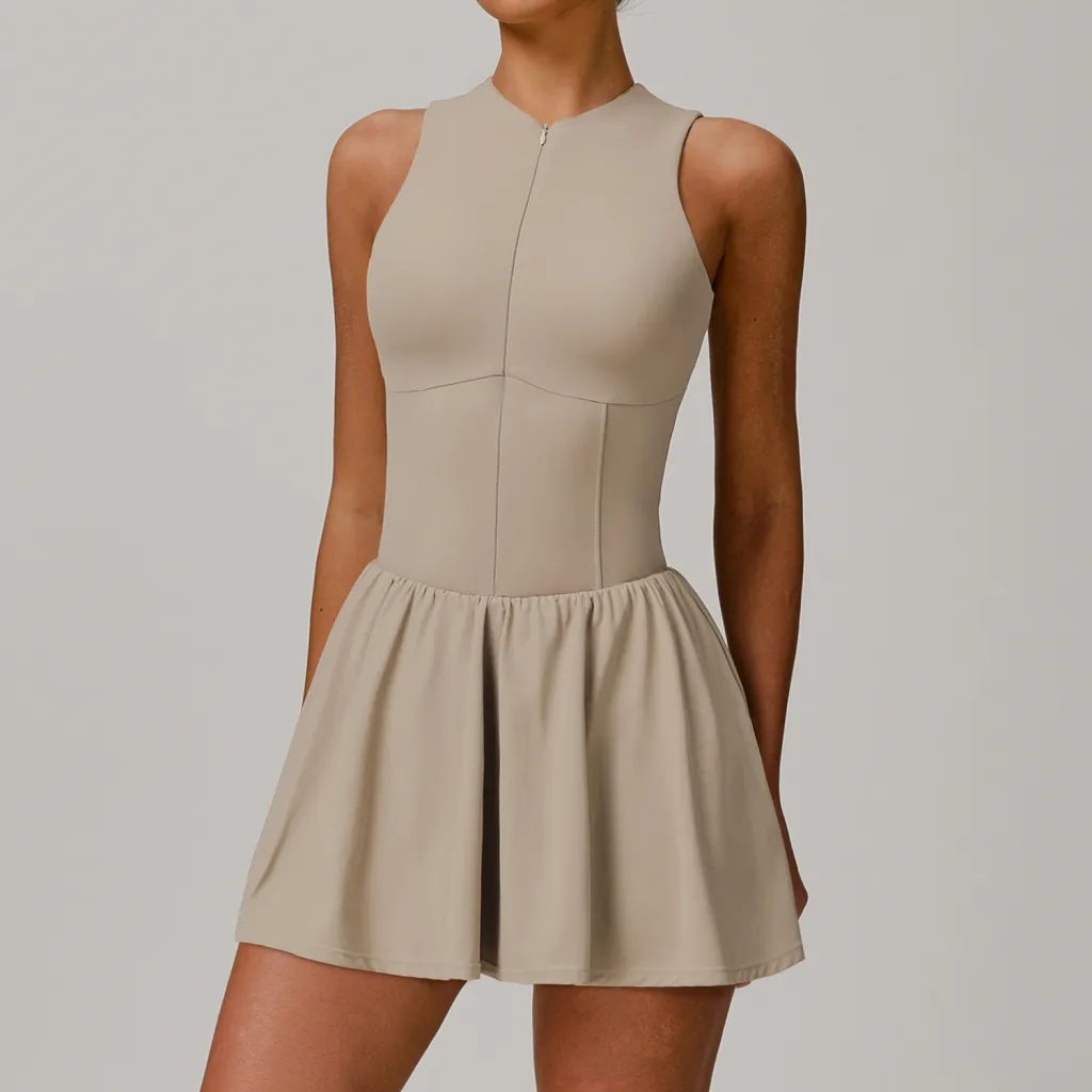 Women's Solid Color False Two-piece Stand Collar A- Line Dress - Linen