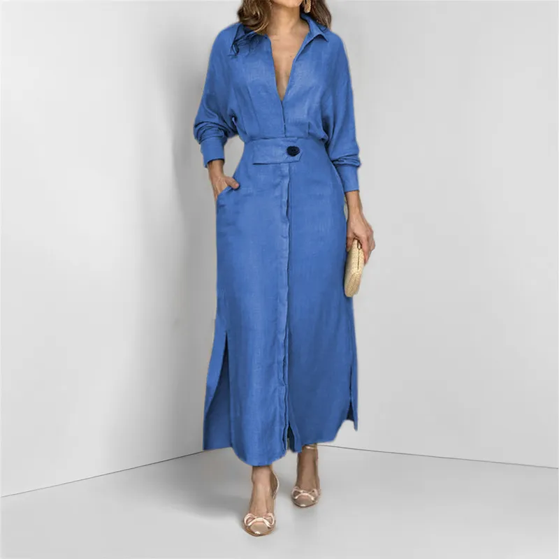 Women's Elegant Tied Solid Colour Waisted Long-sleeved Shirt Dress - Blue