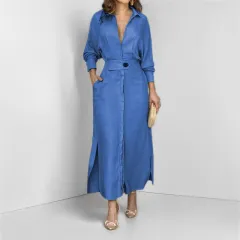 Women's Elegant Tied Solid Colour Waisted Long-sleeved Shirt Dress - Blue - View 1