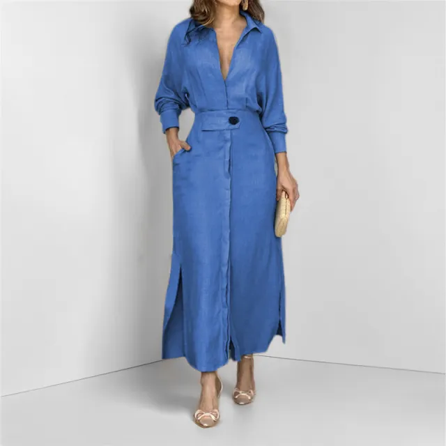 Women's Elegant Tied Solid Color Waisted Long sleeved Shirt Dress Blue - Shop at LoveMi
