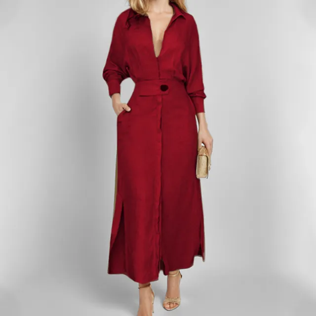 Women's Elegant Tied Solid Color Waisted Long sleeved Shirt Dress Wine Red - Shop at LoveMi