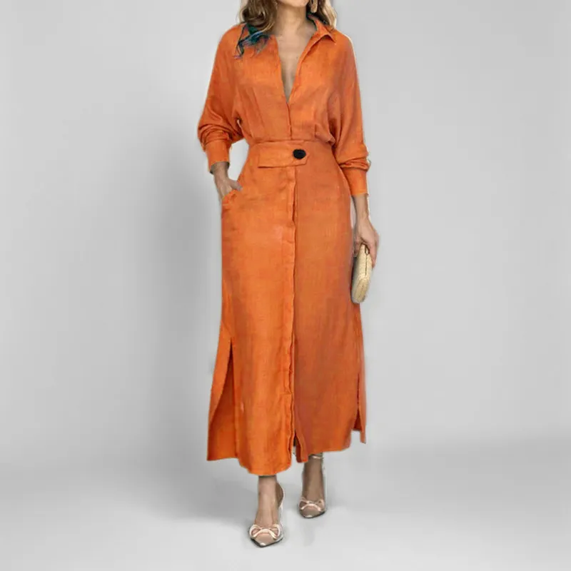 Women's Elegant Tied Solid Color Waisted Long-sleeved Shirt Dress - Orange