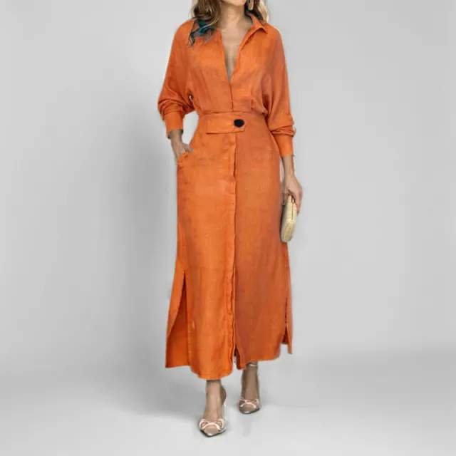 Women's Elegant Tied Solid Color Waisted Long sleeved Shirt Dress Orange - Shop at LoveMi