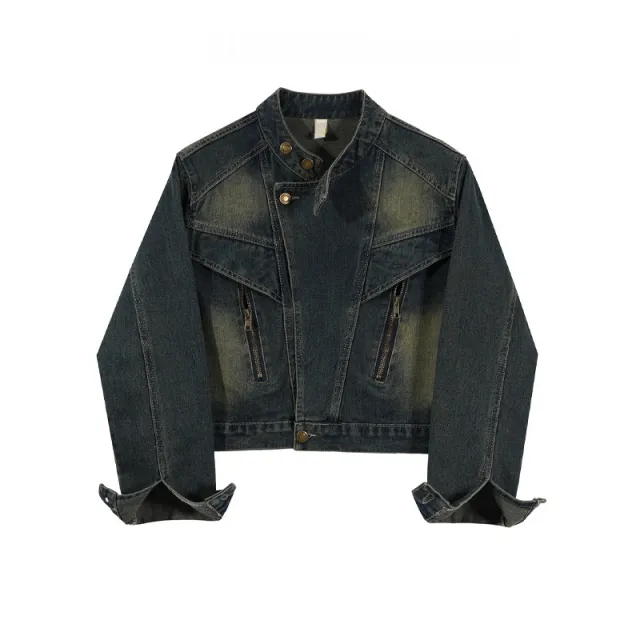 Style Retro Stand Up Collar Denim Short Jacket For Women Retro Blue - Shop at LoveMi