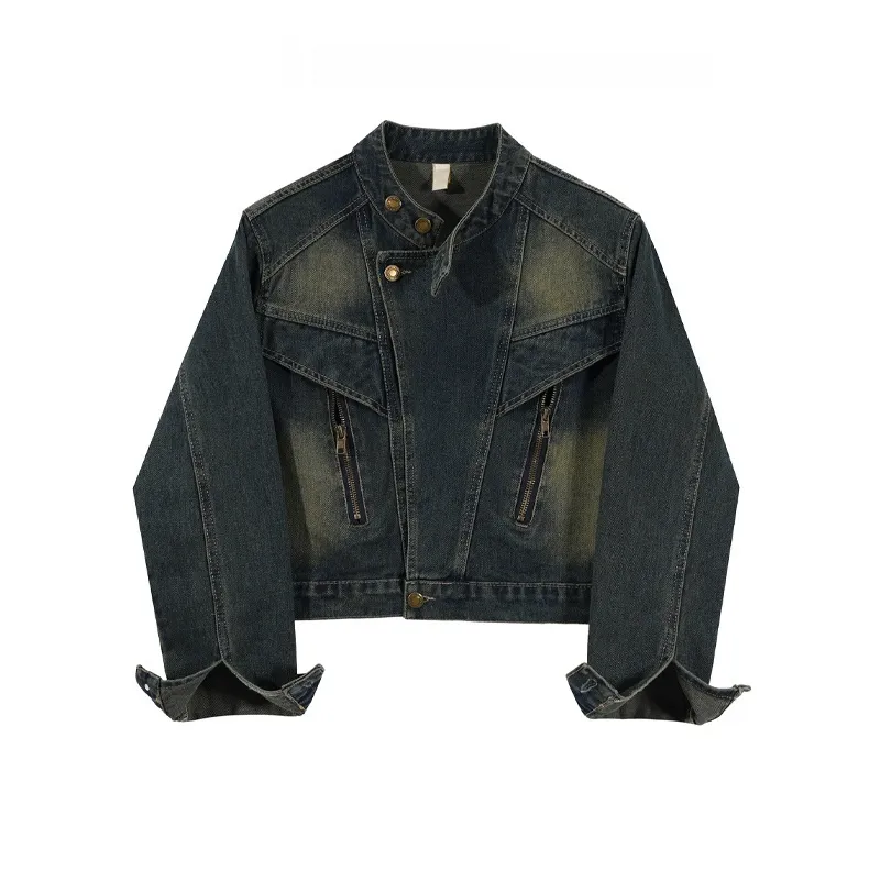 Style Retro Stand Up Collar Denim Short Jacket For Women - Retro Blue