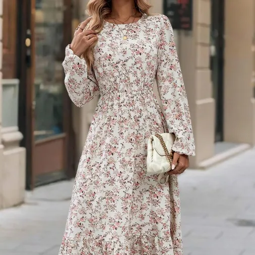 Women's New Printed Round Neck Long Sleeve Ruffled Dress Apricot Pink - Shop at LoveMi