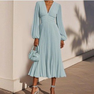 Pleated V-neck Long Sleeve Chiffon Women's Dress