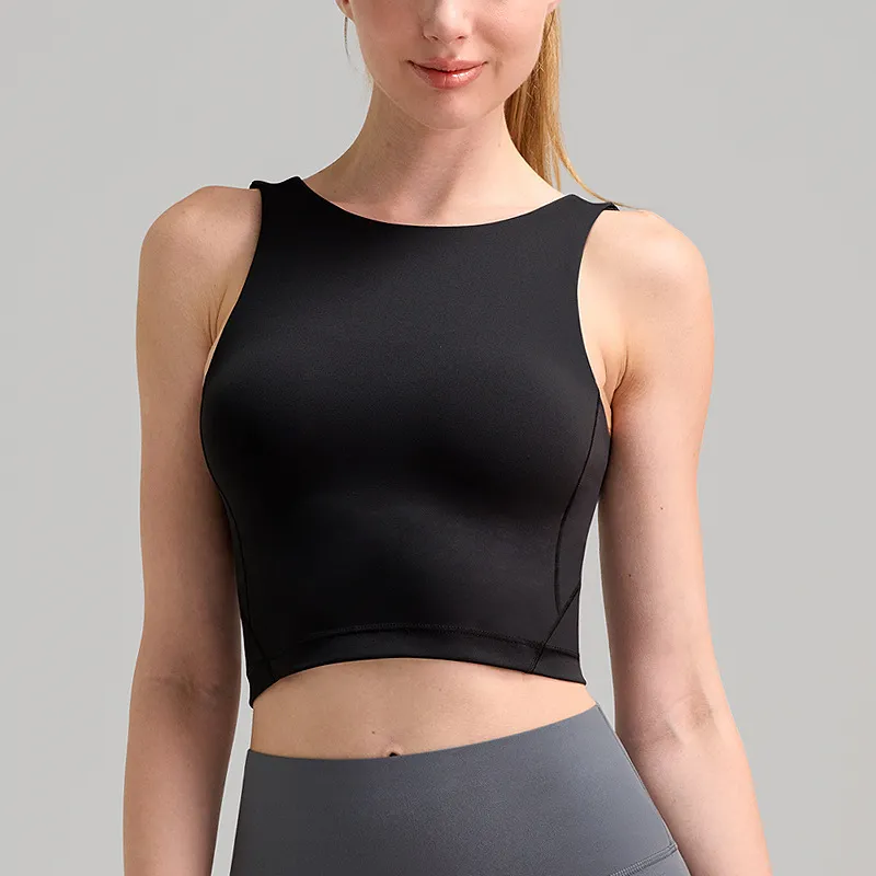 High Collar Women's Yoga Vest Workout Bra Brushed Soft Glutinous Sports Underwear - Black